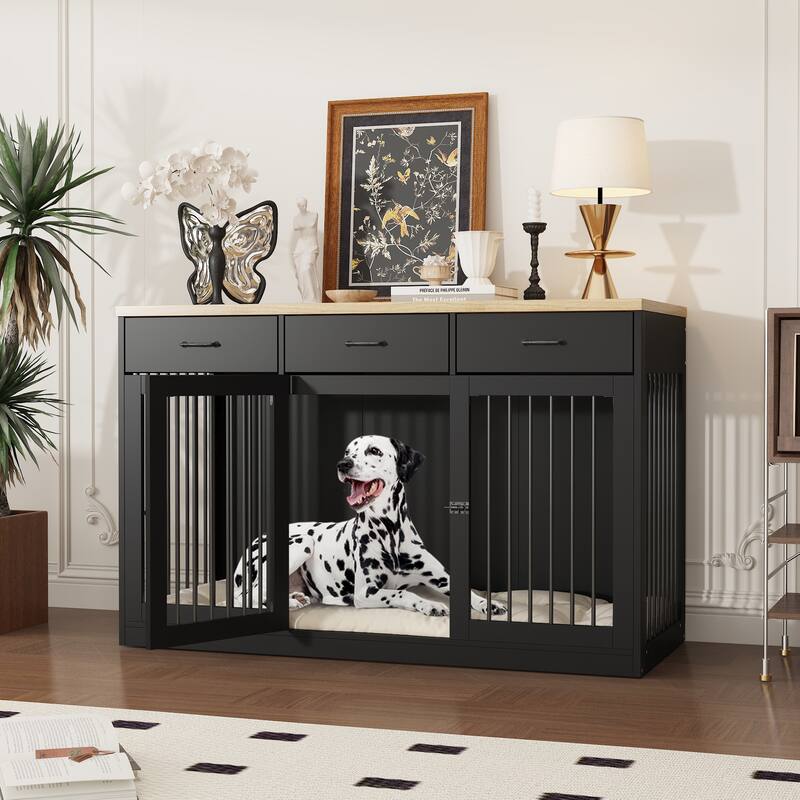 Furniture Style Dog Crate with Storage Drawers, Large Dog Kennel Cabinet with Wood Top, Double Door Pet Crate End Table