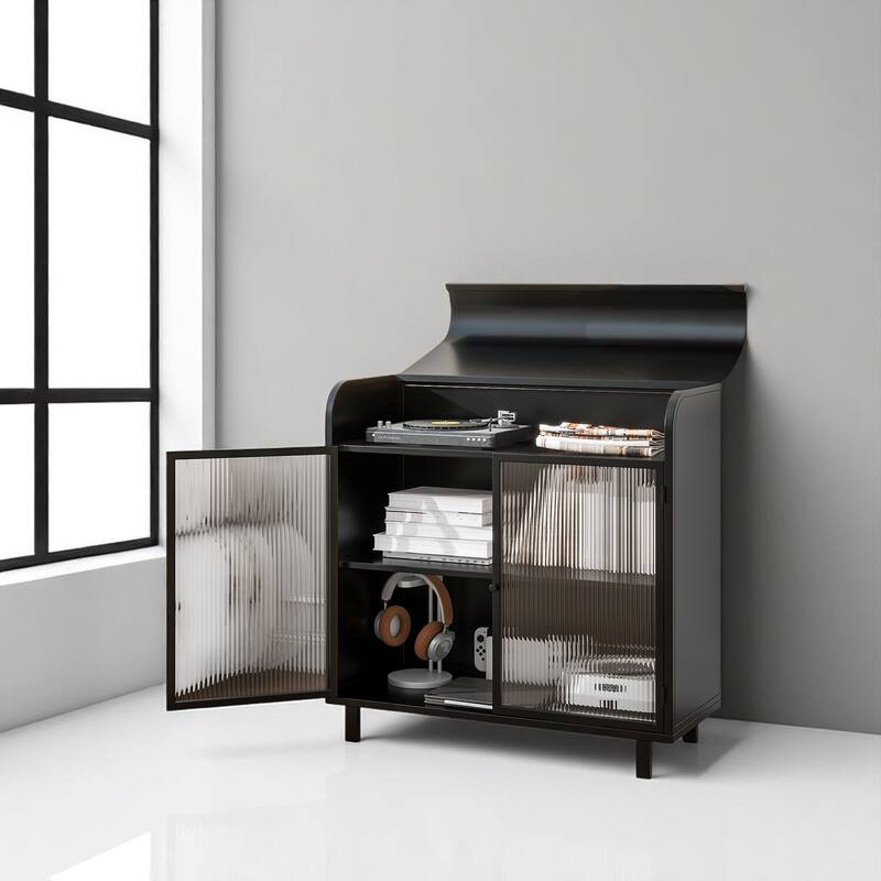 Modern Steel Buffet Cabinet with Flip Top and Tempered Glass Doors, Storage Console for Kitchen or Entryway