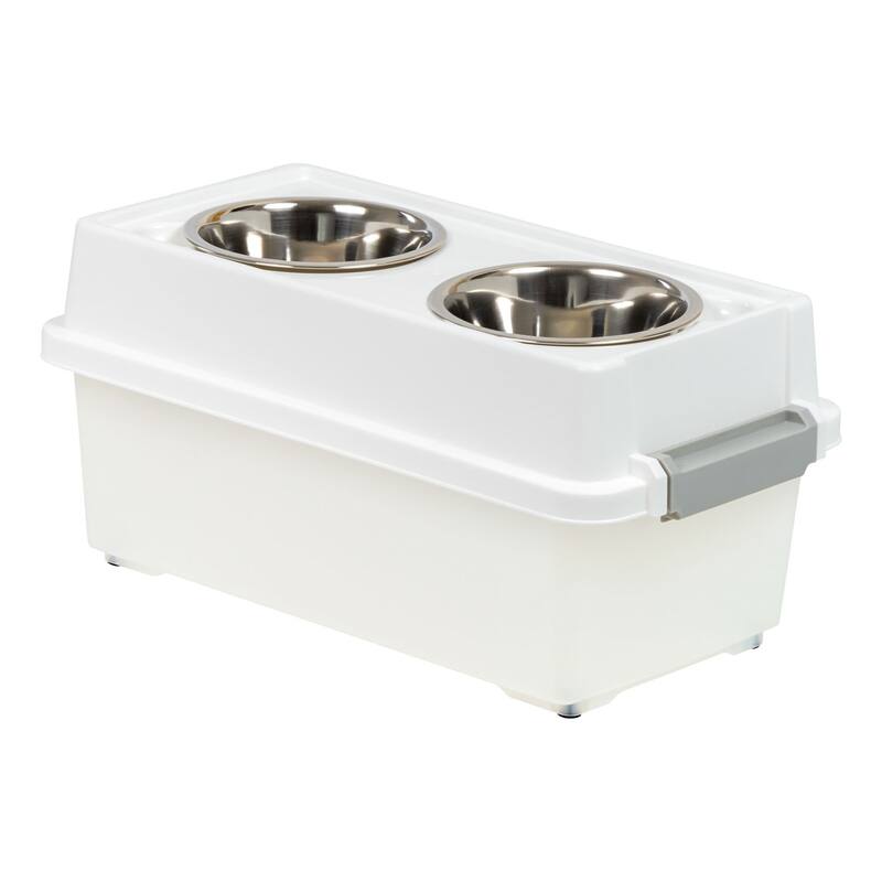 Elevated Feeder with Airtight Pet Food Storage and Removable Bowls, White - 13 LBS