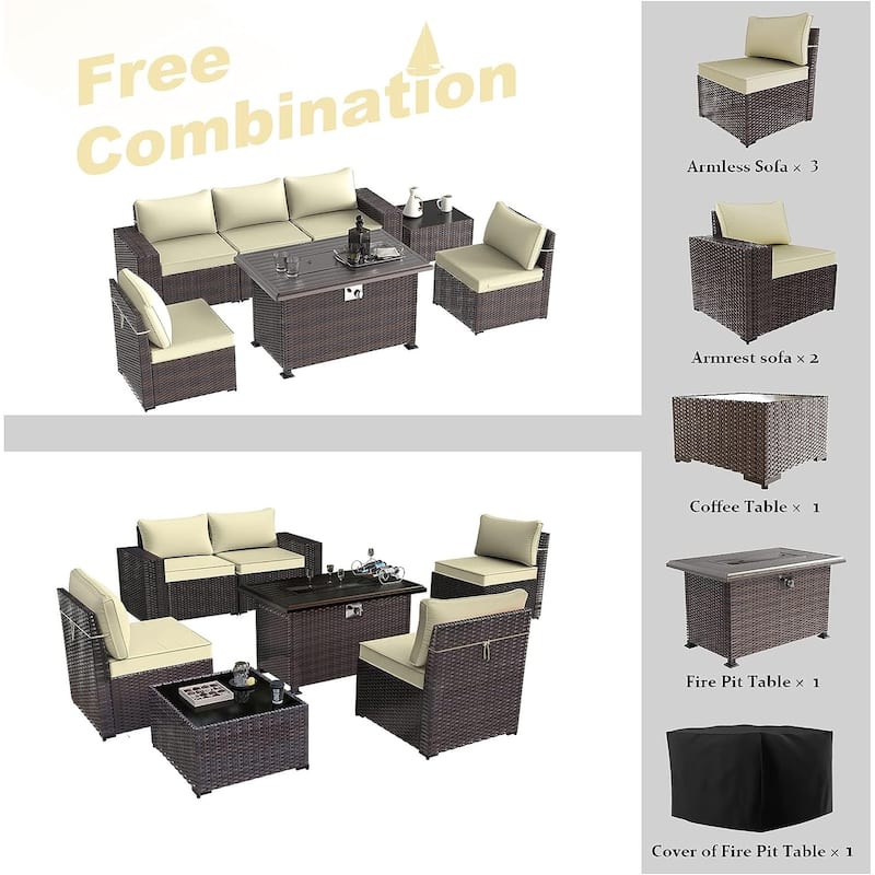 Delnavik 7 Pieces Rattan Outdoor Patio Furniture Sofa Set with Firepit - 7 pcs