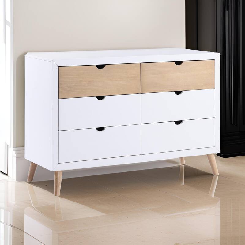Kara 52 Inch Kids Dresser, 6 Drawers, Cutout Handles, White, Brown Wood