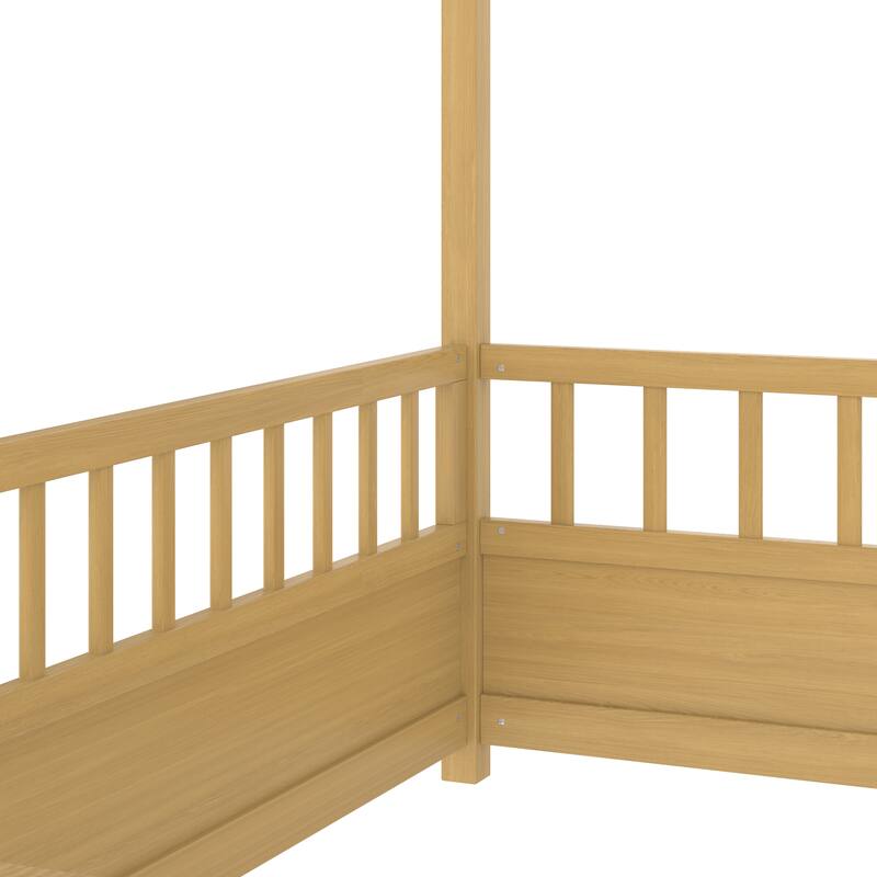 Natural Wooden Montessori Toddler Bed Floor House Bed Frame with Safety High Fence, Open Entran and Roof Design
