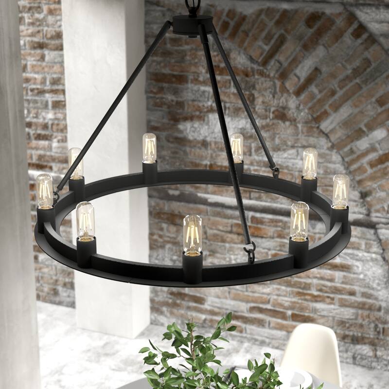 Hunter 30" Saddlewood 9-Light Chandelier - Dining Room, Entry - Farmhouse, Industrial, Wagon Wheel