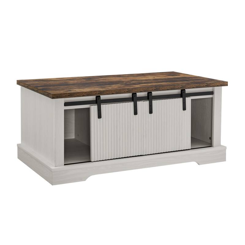 41.3 Inch Coffee Table with Storage and Sliding Wood Door, Farmhouse and Industrial Cocktail Table with Adjustable Shelv