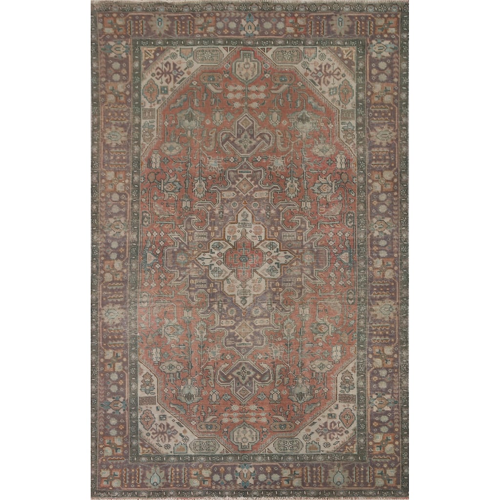 Distressed Coral Tabriz Persian Vintage Area Rug Handmade Wool Carpet - 6'5" x 9'10"
