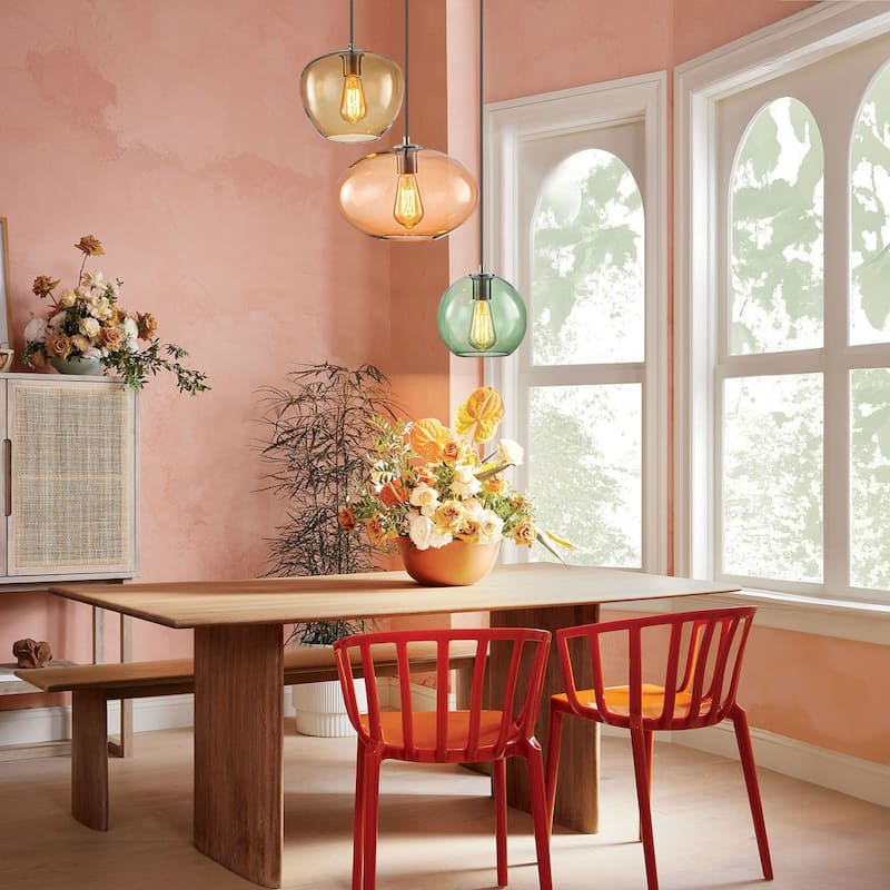 3-Light Modern Vintage Cluster White Pendant Light with Colored Glass Globe Shades - 23.62 in. W x 23.62 in. D