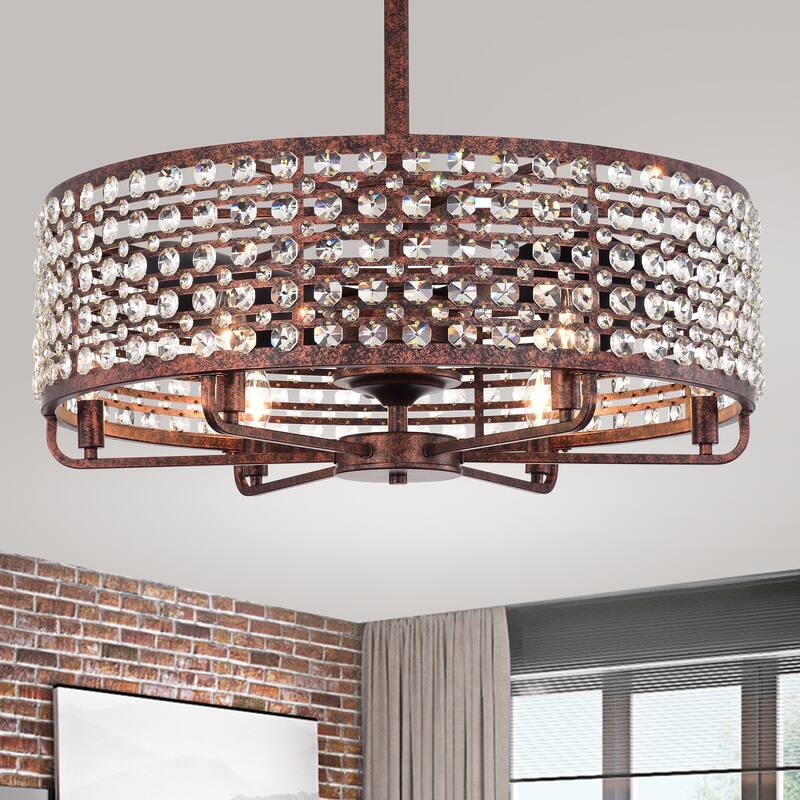 Juliet Rustic Bronze 28-Inch 6-Light Metal & Crystal Drum Shade Lighted Ceiling Fan (Includes Remote)