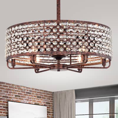 Juliet Rustic Bronze 28-Inch 6-Light Metal & Crystal Drum Shade Lighted Ceiling Fan (Includes Remote)