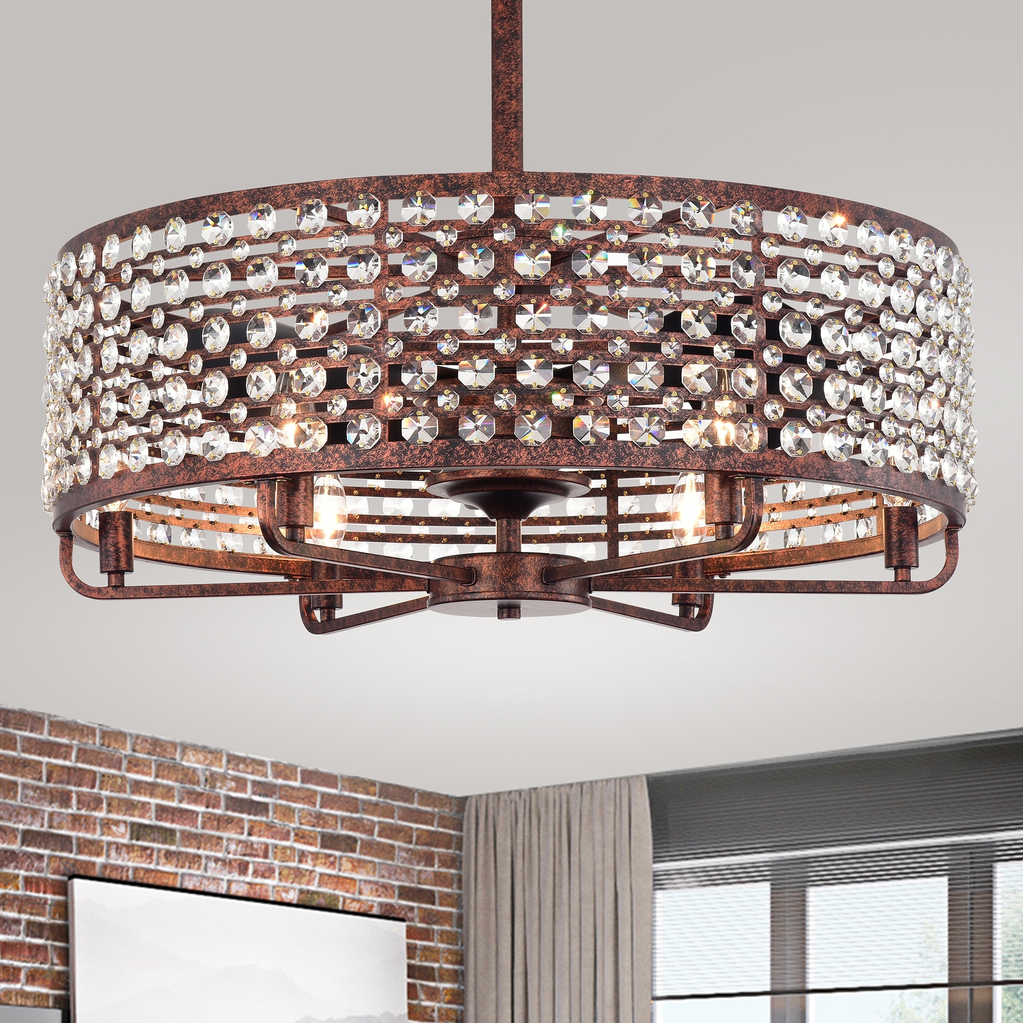 Warehouse of Tiffany Juliet Rustic Bronze 28-Inch 6-Light Metal & Crystal Drum Shade Lighted Ceiling Fan (Includes Remote)