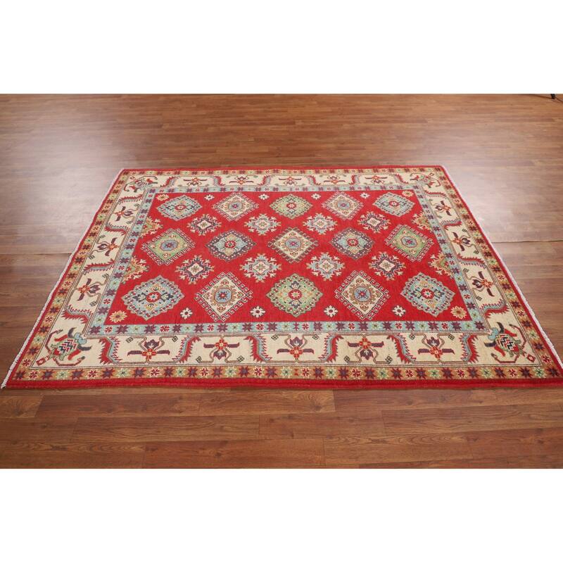 Kazak Oriental Rug Hand-Knotted Bedroom Red Wool Carpet - 5'0" x 6'7"