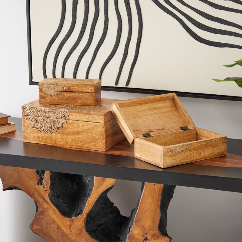 Brown Mango Wood Handmade Storage Scroll Box with Gold Accents (Set of 3)
