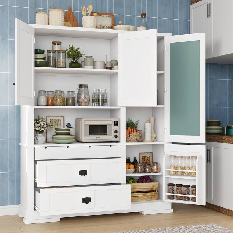 Roomfitters 78 Inch Large Kitchen Pantry Storage Cabinet with Microwave Station and Drawers, Shaker Style
