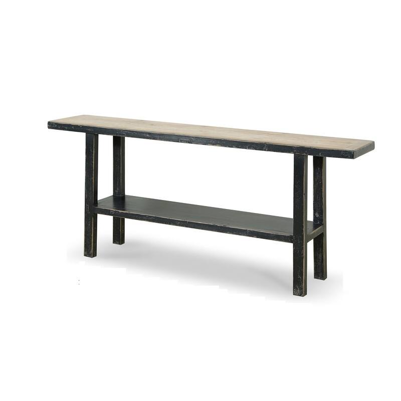 Reclaimed Pine Wood Song Console Table w/Shelf, 71 Inch Long, Antique Black Finish