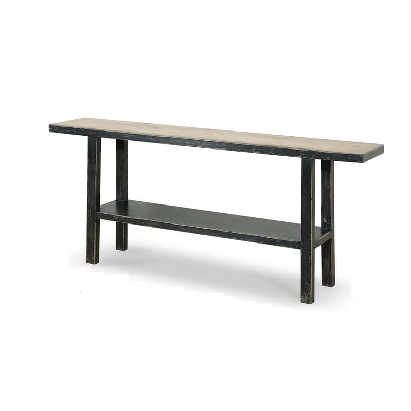 Reclaimed Pine Wood Song Console Table w/Shelf, 71 Inch Long, Antique Black Finish