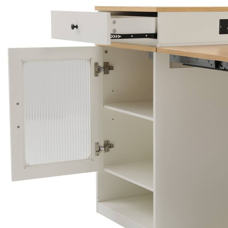 Kitchen Island with Extendable Dining Table, Kitchen Storage Table with 2 Drawers, Power Outlet, Open Shelves, for Diningroom