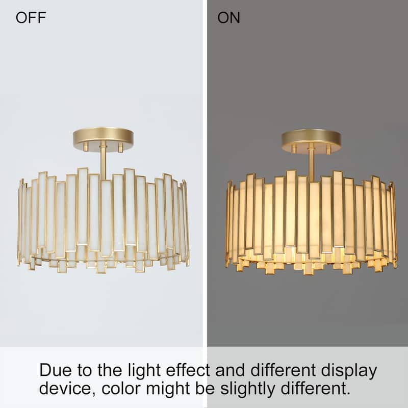 Tifany Modern Gold 3-Light Drum Glass Chandelier Semi-Flush Mount Ceiling Light