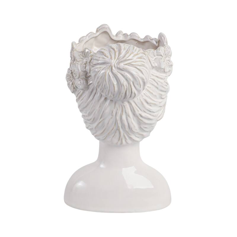 Ceramic Pot Planter Lady Crown Flower and Butterfly - 12" Ivory - 8" x 7" x 12"