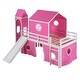 preview thumbnail 4 of 10, Twin Over Twin Castle Style Kids Low Bunk Bed with Tent, Slide, Curtains & Tower, Solid Wood Floor Bunk Bed Frame for Girls Boys