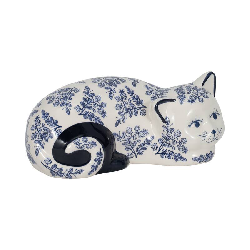 Ceramic Cat Sculpture Contemporary Vintage Style Chinoiserie Blue and White Floral Cat Statue Cat Lover