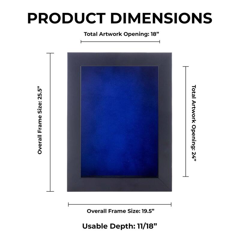 18x24 Shadow Box Frame Black Wood | With a 3/4" Usable Display Depth | Includes a Royal Blue Real Suede Texture Acid-Free
