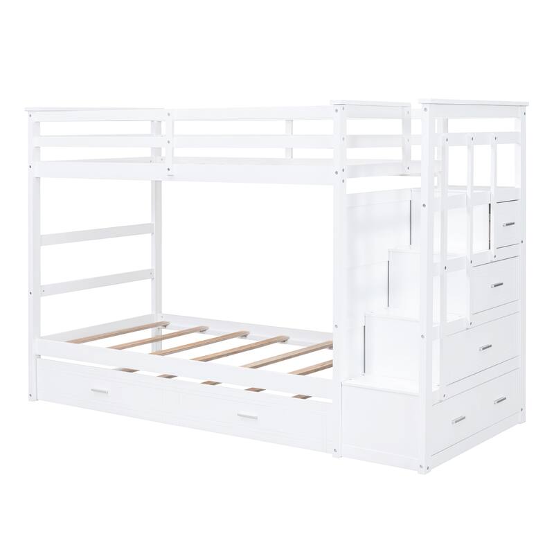 White Twin Over Twin Bunk Bed with Trundle, Staircase and Storage Drawers, Space-Saving Design