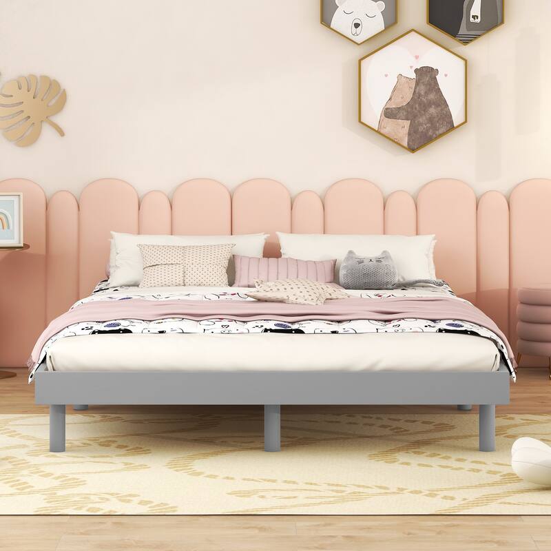 Grey Washed Particle Board Modern Full Size Floating Platform Bed Frame, High-Quality Materials, No Box Spring Needed