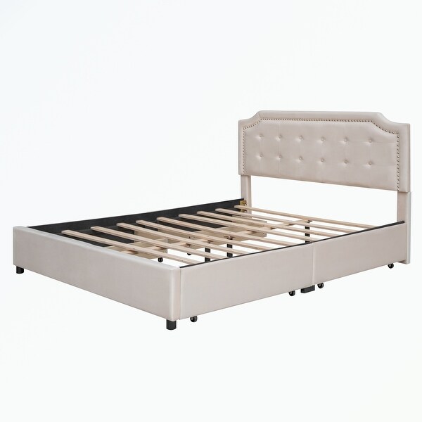 Upholstered Platform Bed with Headboard and 4 Drawers, Queen