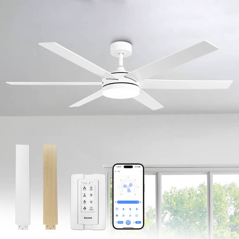 Vaczon 60-in White Wooden Reversible Large Coastal Smart Ceiling Fan with Light and APP Control