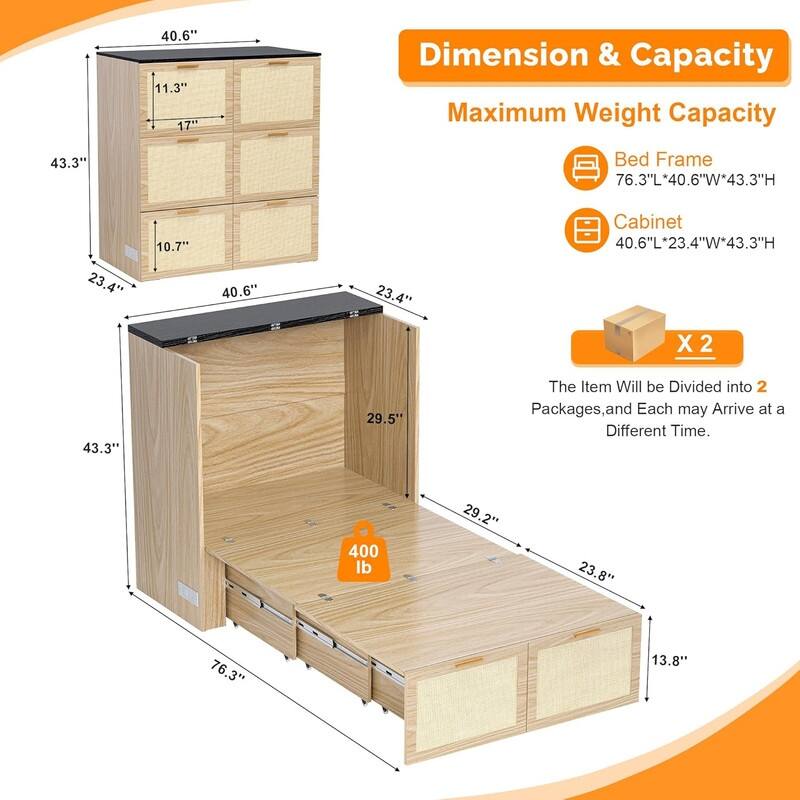 Rattan Murphy Bed with Storage Drawer, Space-Saving Cabinet Bed for Kids,Adults and Guests,Beige