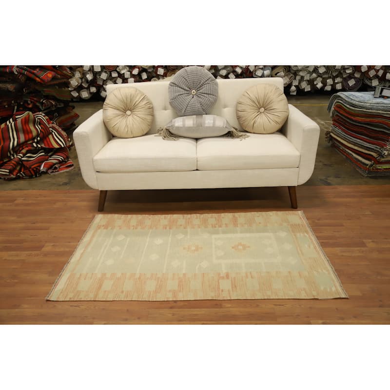 Hand Woven Oriental 100% Wool Carpet Southwestern Tribal Green Kilim Area Rug - 4' 10'' X 2' 10''