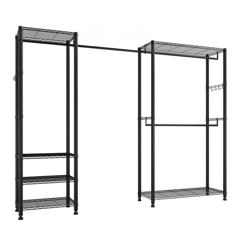 Black Adjustable Garment Rack with 6 Storage Shelves and Telescopic Rods for Clothing and Bags - 96.06” x 14.96” x 71”