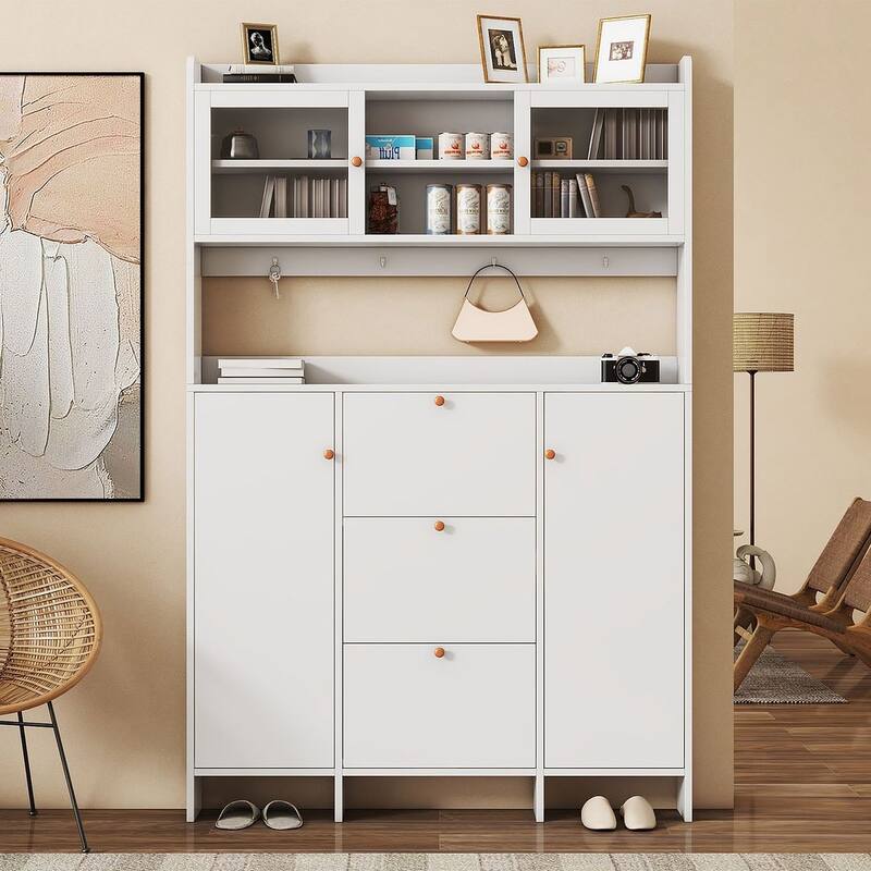 Hall Tree and Shoe Storage Bench with Flip Drawers and Doors