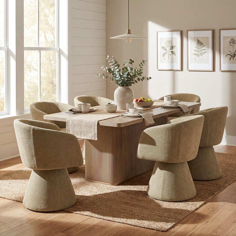 Christopher Knight Home - Melville 7-Piece Upholstered Swivel Dining Set with 84" Rectangular Pillar Base Dining Table - Light Ash+Moss Green