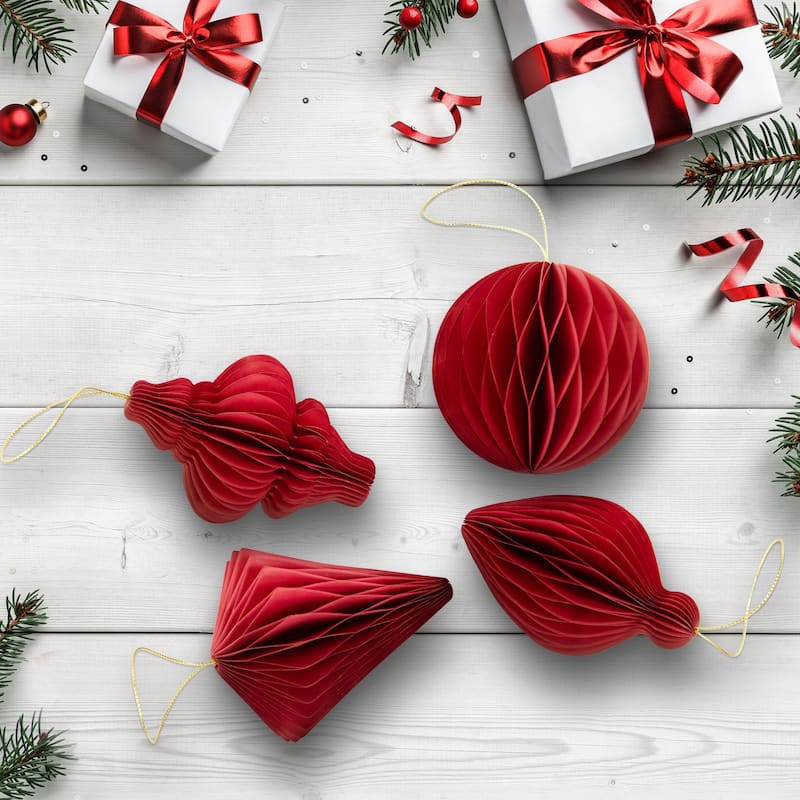 Foldable Honeycomb Paper Christmas Finial Ornaments - 4" - Red - Set of 4
