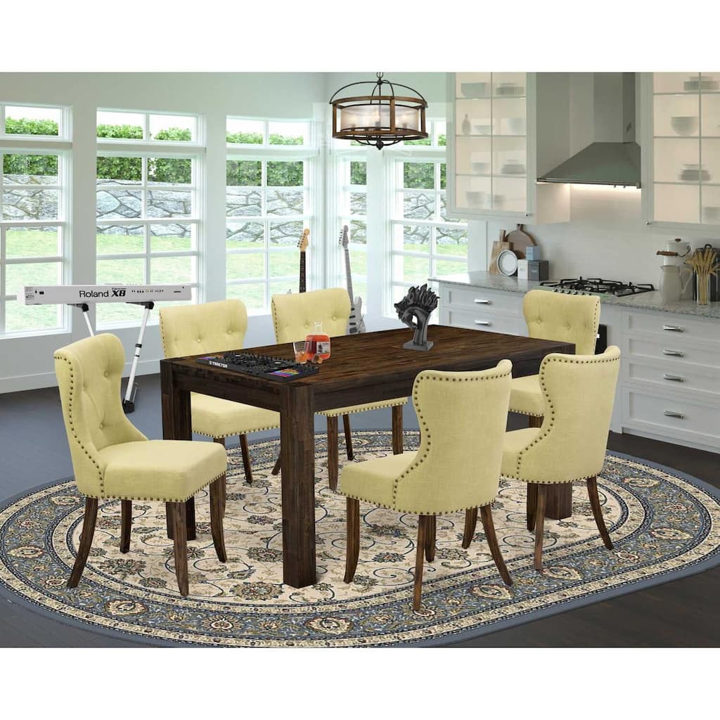 HomeStock 7-Piece Rectangle Distressed Jacobean Finish Solid Wood Top Dining Table with 6 Parson Chairs