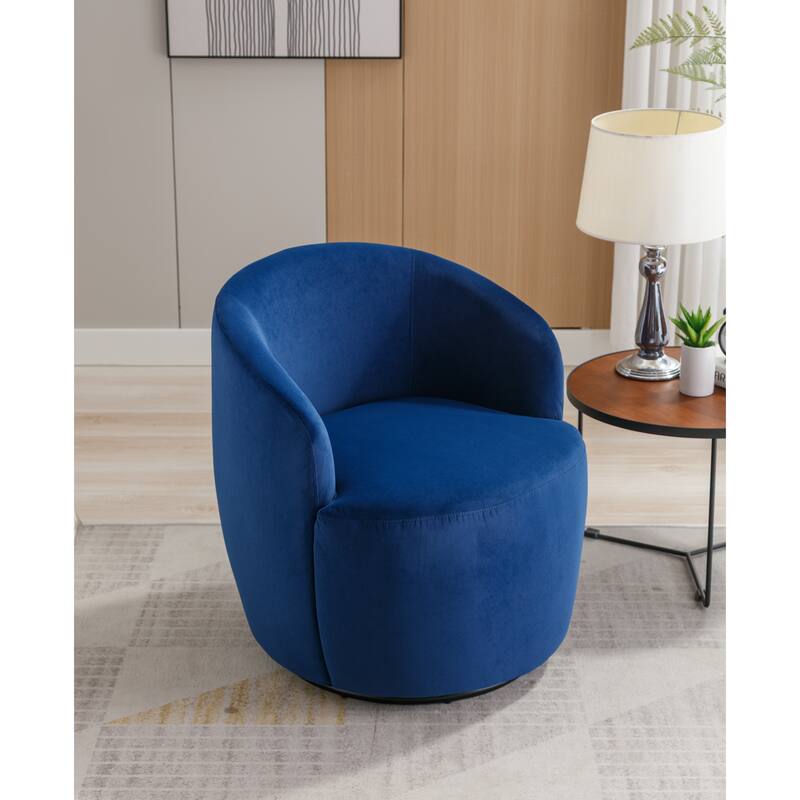 Modern Barrel Swivel Accent Chair with Metal Base, Round Velvet Upholstered Reading Chair w/ Curved Back for Living Room Bedroom