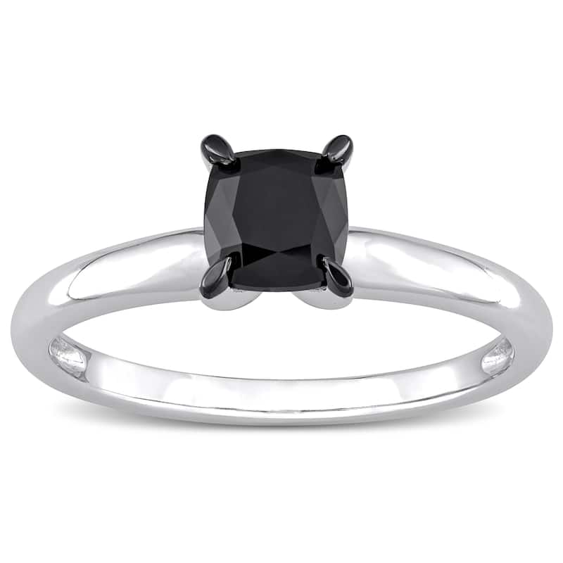 Miadora 1ct TDW Cushion-cut Black Diamond Solitaire Engagement Ring in 14k White Gold