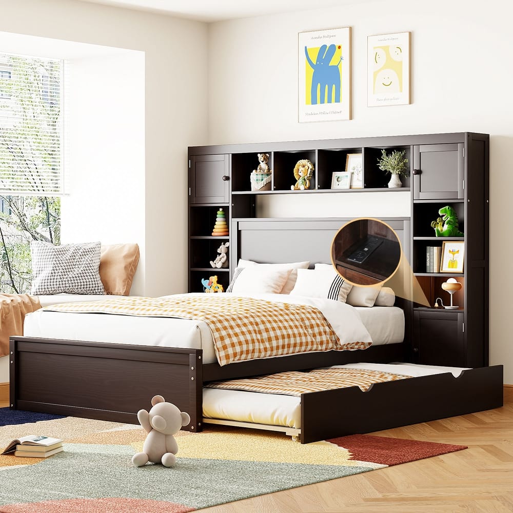 Full Size Modern Wooden Bed with Cabinet, Shelf, and Sockets