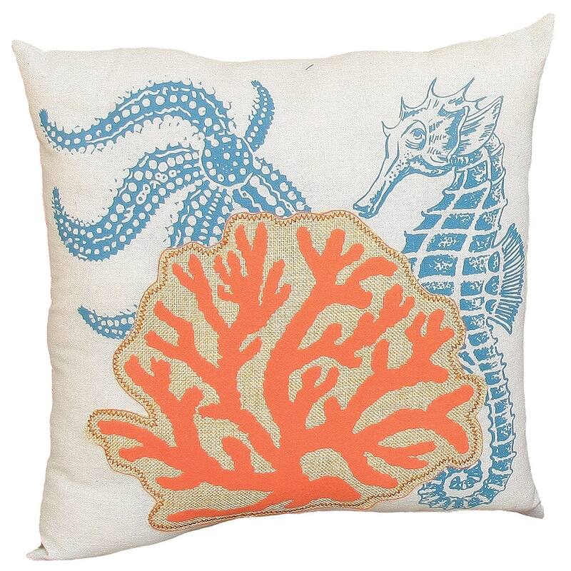 HomeRoots 18" X 18" Blue and Orange Seahorse Coastal Polyester Pillow With Applique
