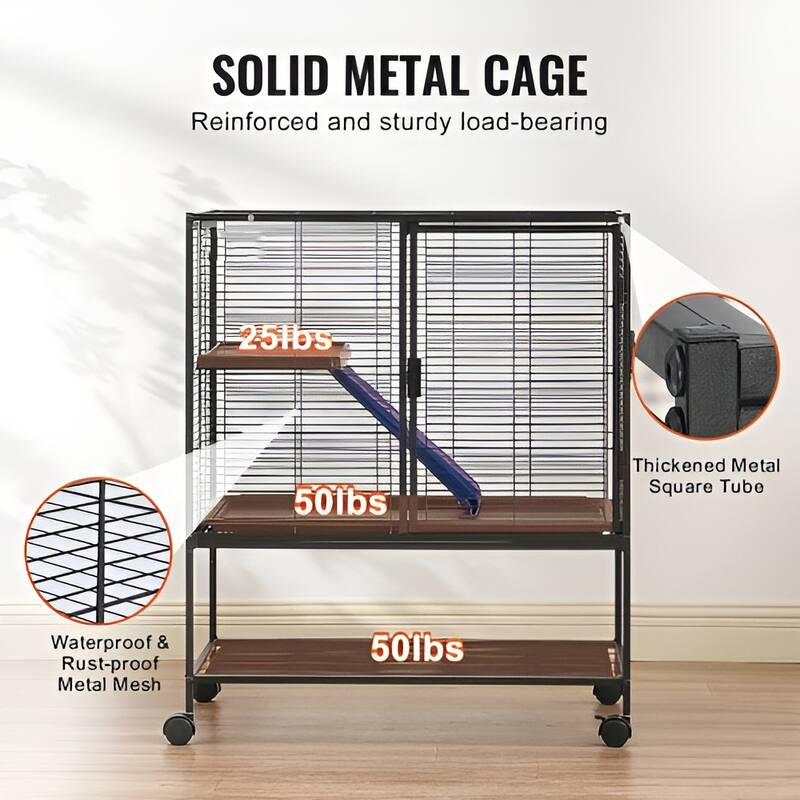 Black Iron & Plastic Pet Cage with Ramp, Wheels & Storage Shelf - 30.3"x20.5"x36.2"
