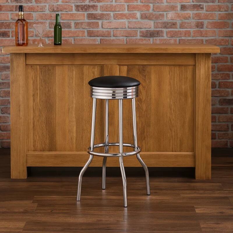 30 Inch Round Bar Stool, Set of 2, Ribbed Apron Base, Chrome, Black