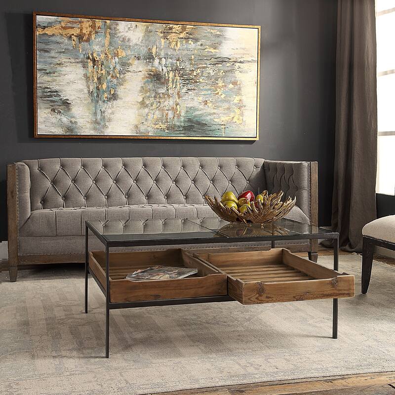 40" Black Steel Frame Glass Coffee Table With Removable Storage Trays
