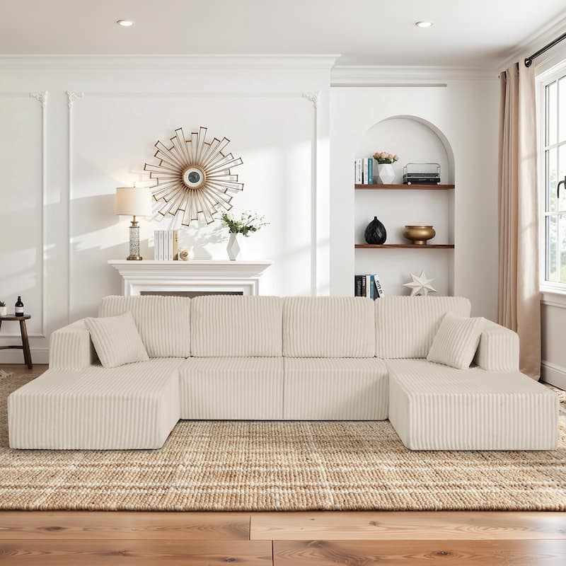 U-Shaped Modular Sectional Sofa with Dual Chaise Lounges, Oversized Corduroy Boneless Couch, Compressed Sofa with Pillows