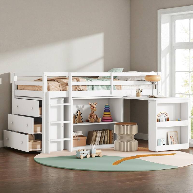Twin Size Rubber Wood Loft Bed with Pull-Out Desk, Drawer Cabinet, and Shelf Storage, Safety Guardrails and Ladder - White - Twin