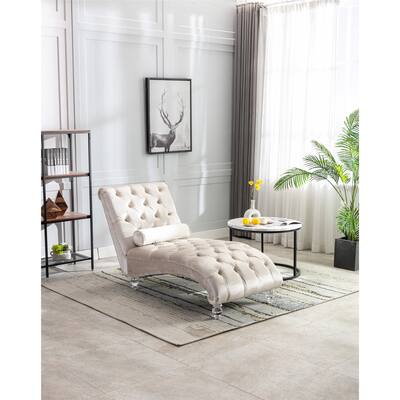 Velvet Concubine Sofa Chaise Reclining Sofa with Acrylic Feet, Beige