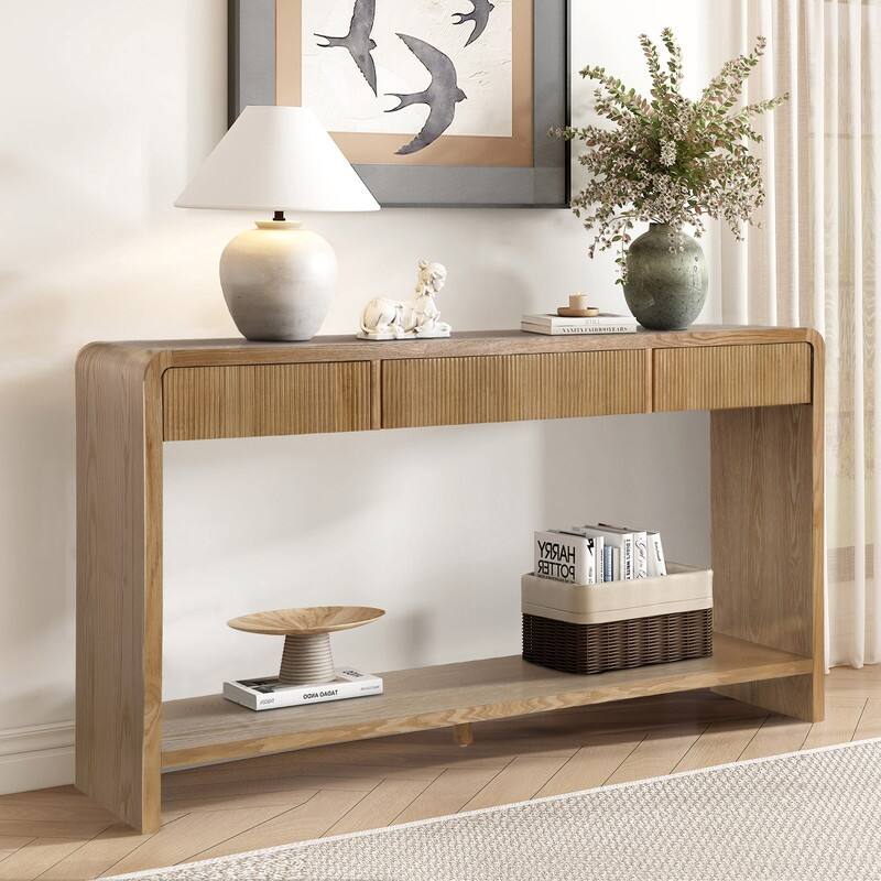 Modern 59" Console Table with 3 Drawers, Vertical Slats and Round Edge Design for Entryway or Hallway