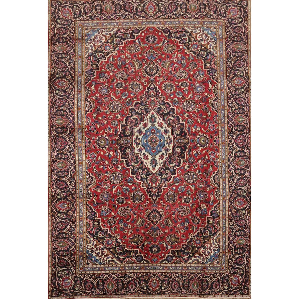Hand Knotted Oriental 100% Wool Carpet Traditional Floral Red Kashan Area Rug - 11' 4'' X 7' 8''