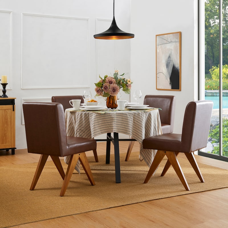 Glitzhome Set of 4 Faux Leather Upholstered Side Dining Chairs with V-shaped Wood Legs - Set of 4-Brown