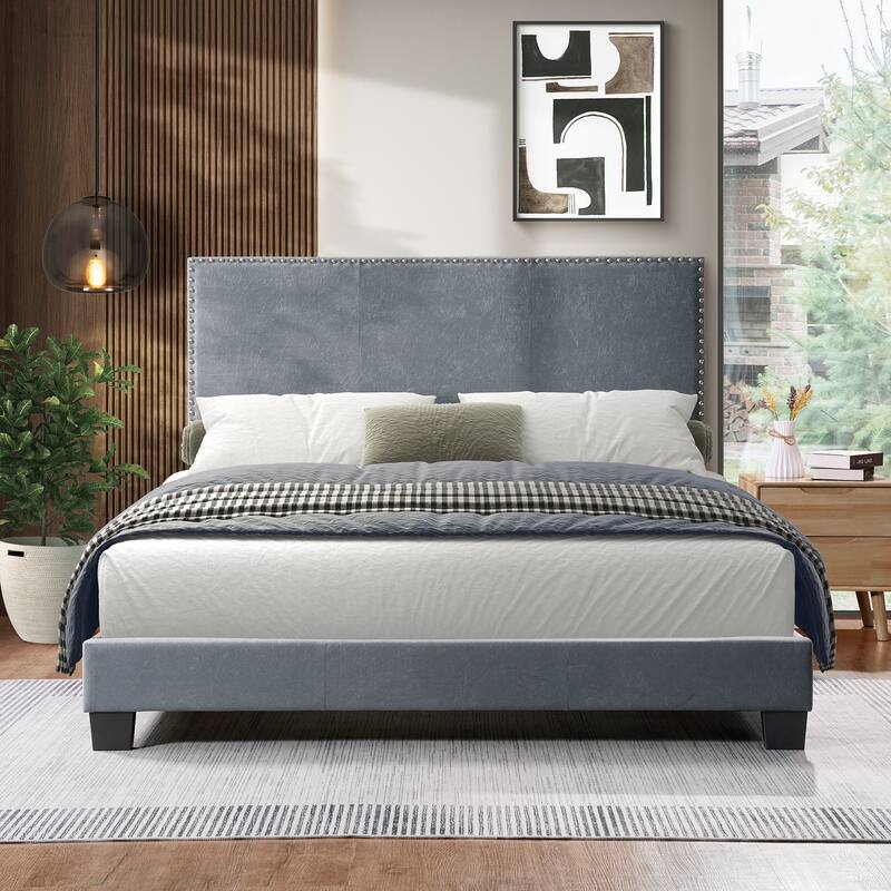 Upholstered Bed Frame Modern Platform Bed Frame with Nailhead Trim Adjustable Headboard/Wood Slat Support/No Box Spring Needed - Gray - Queen