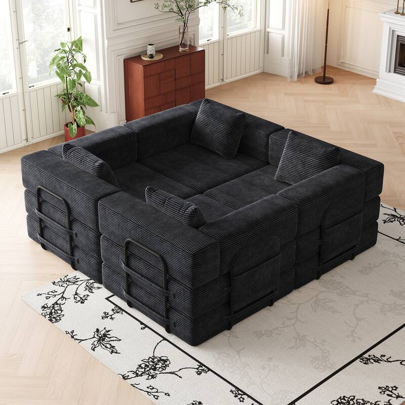 Corduroy Modular Sleeper Sofa Bed with Side Pockets and Anti-slip Pads - Black